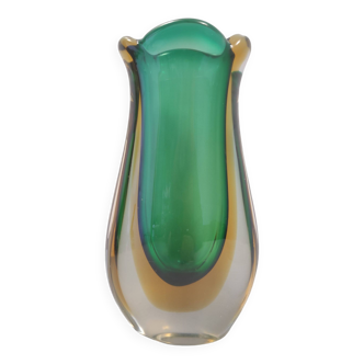 Vase vintage en verre de Murano Sommerso vert et jaune attr. à Flavio Poli, Italie