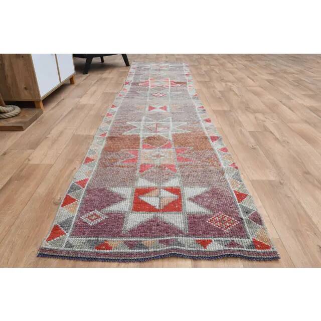 Rainbow Colorful Turkish Vintage Handmade Wool Runner Rug 86x358
