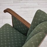 Canapé danois 3 places des années 1950, tissu en laine d'ameublement vert/beige, bois de chêne.