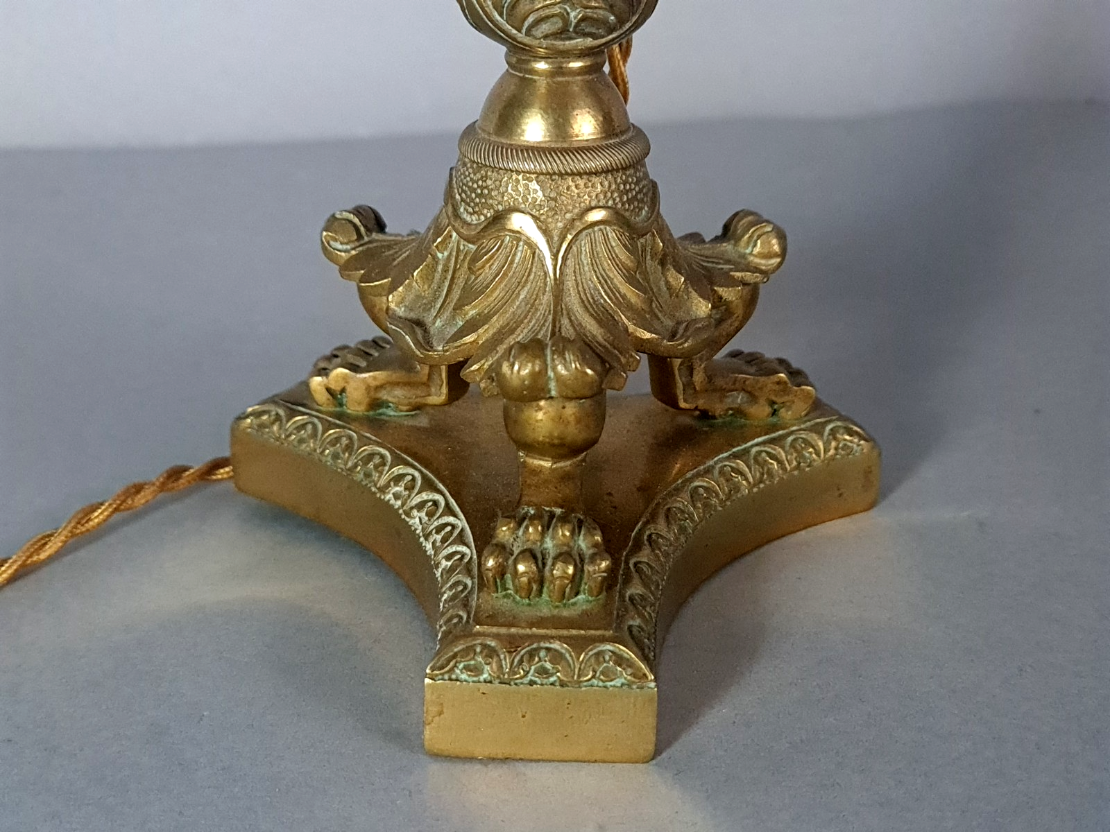 Antique bronze brass torch mounted as a lamp with shade, 44 cm C676