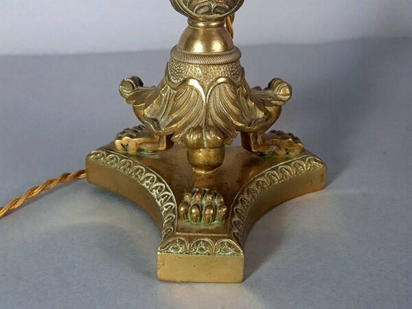 Ancien flambeau bronze laiton monté en lampe avec abat-jour, 44 cm C676