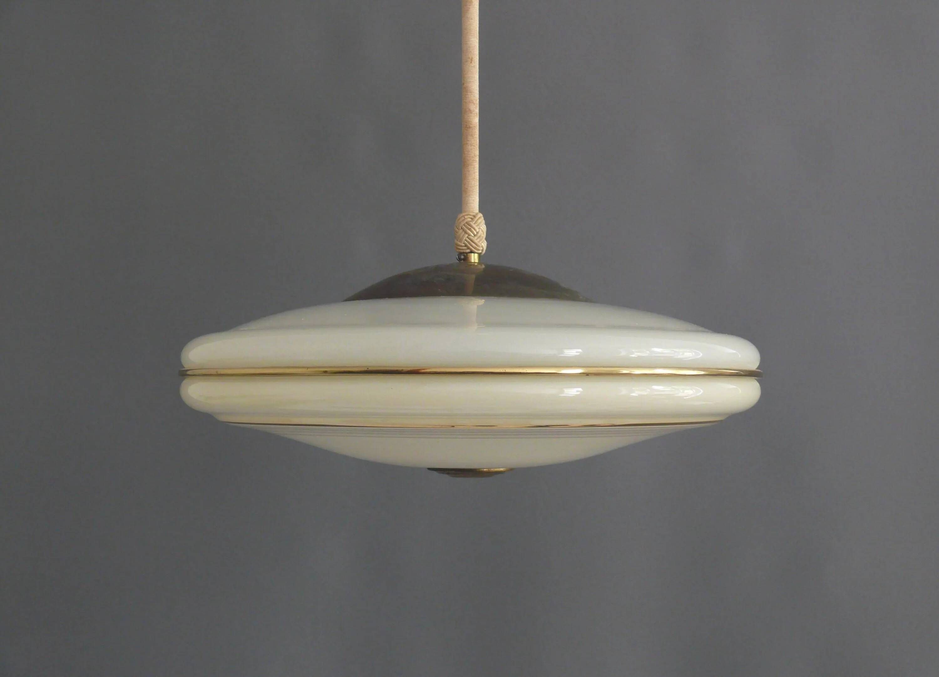 Beige Art Deco Pendant Light with Golden Radial Stripes and Brass Profile, 1930-1940