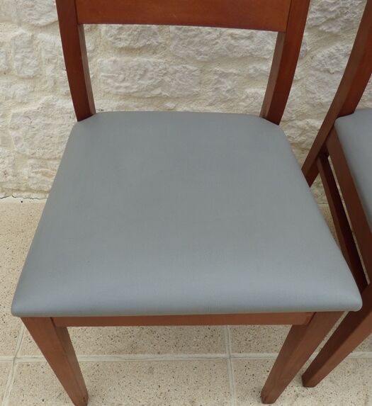 Set of 6 cherry wood style chairs with gray imitation leather seat