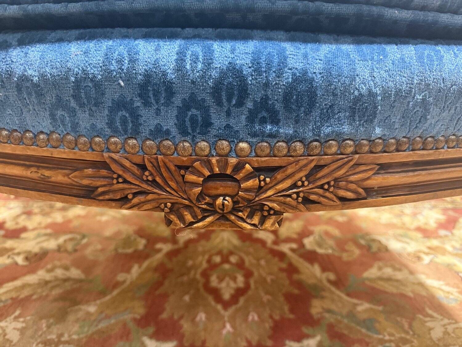 Louis XVI style blue velvet wingback armchair