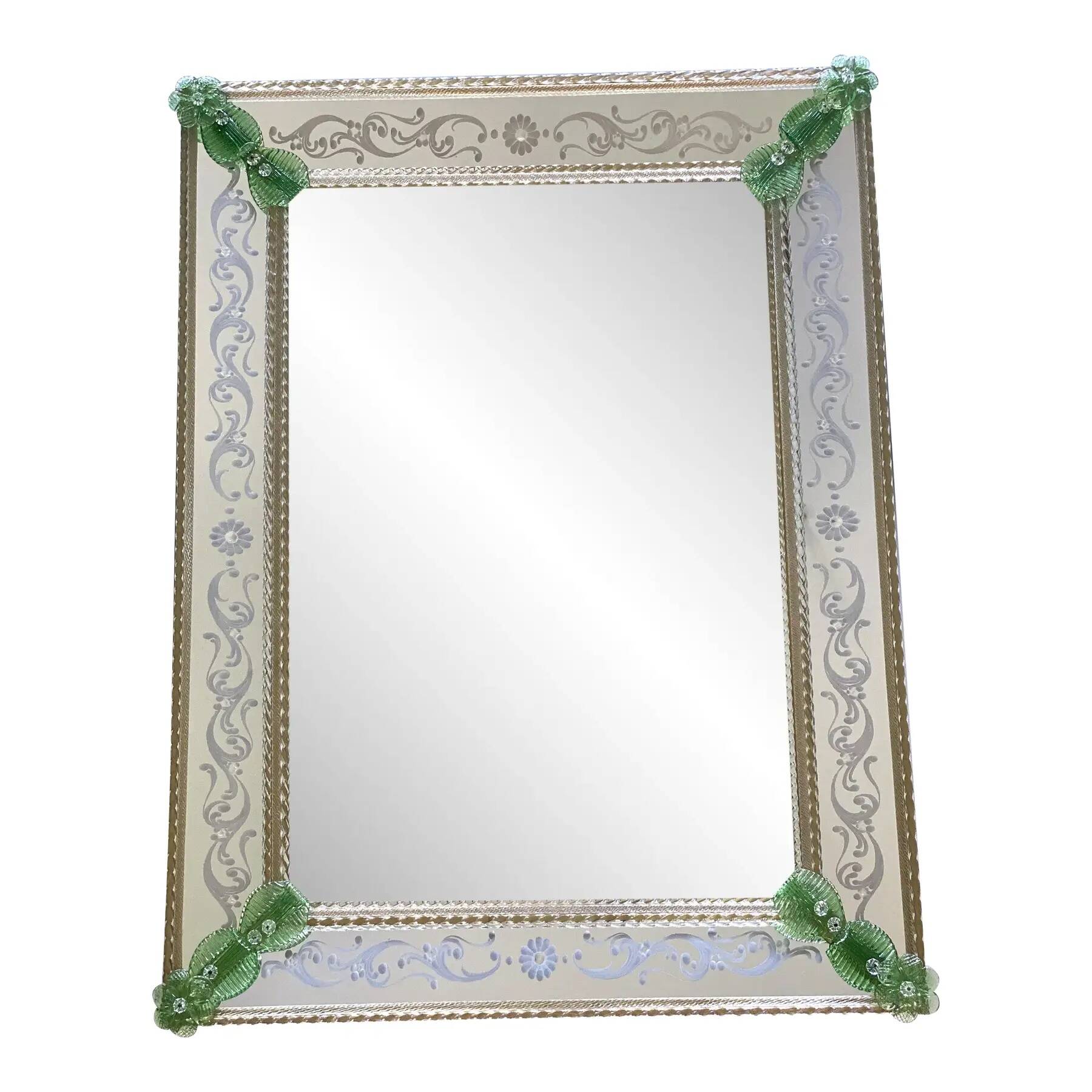 Rectangular Venetian Murano Glass Mirror with Green Floral Hand-Carving