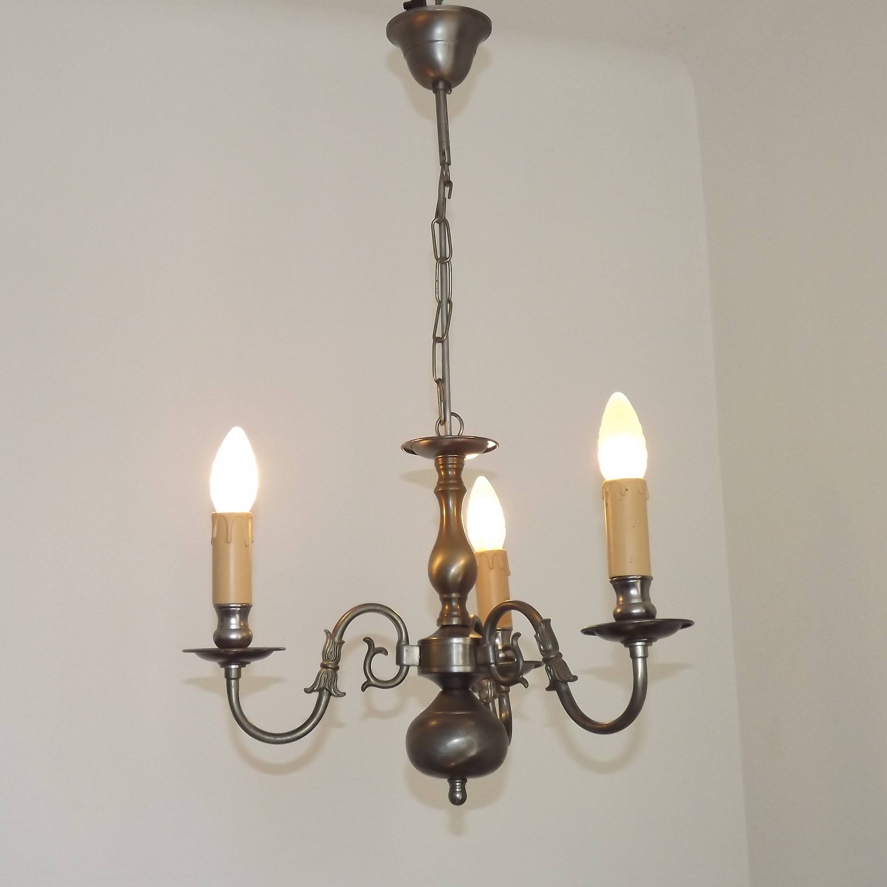 Italian Vintage Silver Brushed Metal 3 Light Flemish Style Chandelier
