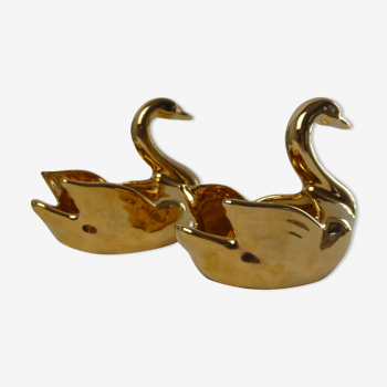Pair of gilded Limoges porcelain salt pans forming a swan in their Vintage case