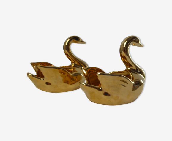 Paire de salerons en porcelaine de Limoges dorée formant cygne dans leur écrin-Vintage
