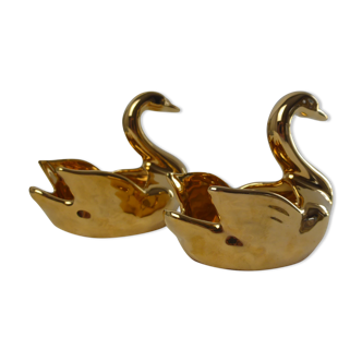 Pair of gilded Limoges porcelain salt pans forming a swan in their Vintage case