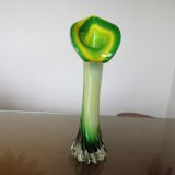 Vase soliflore arum en verre de Murano jaune et vert années 60 70
