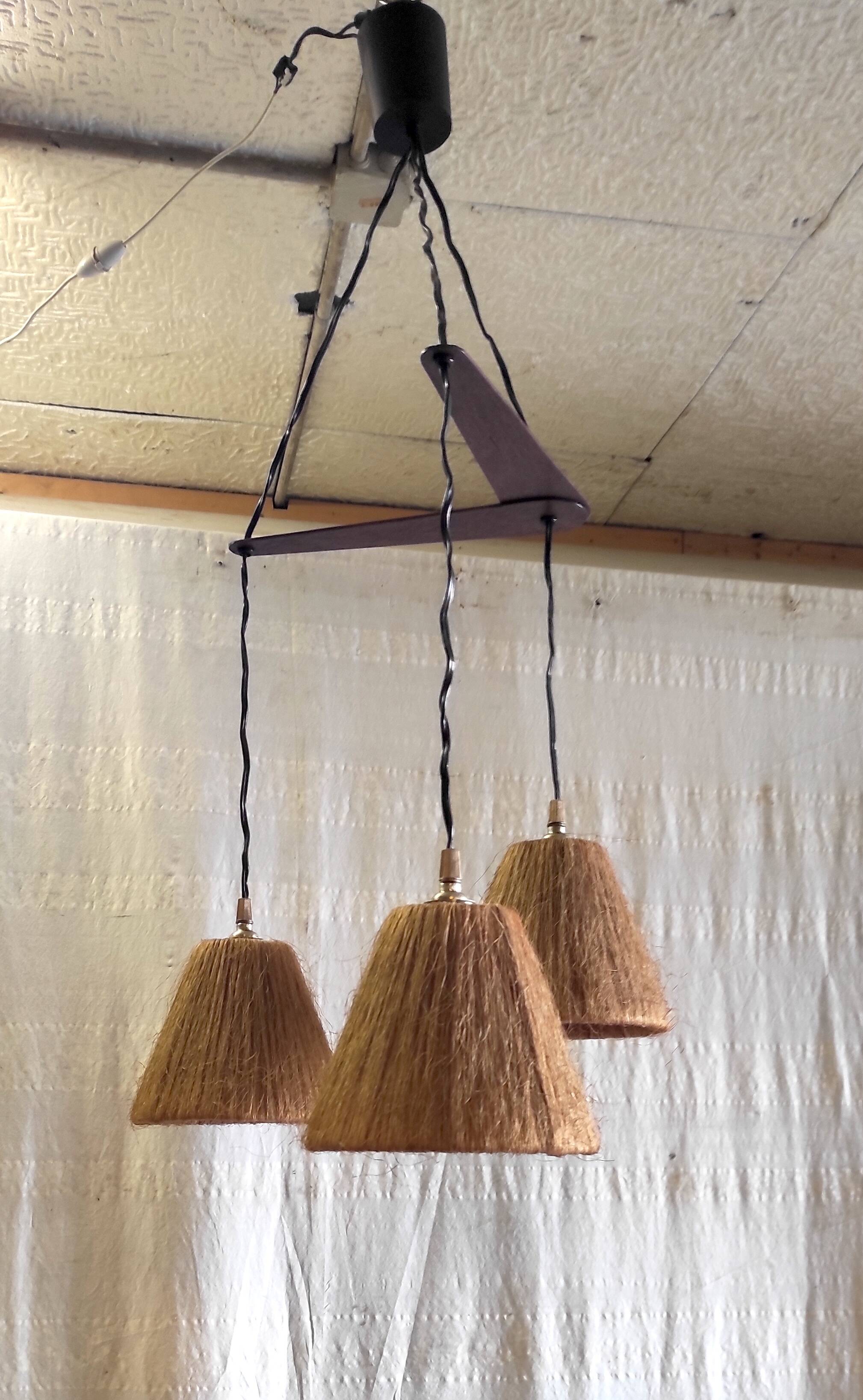 Scandinavian style three-light pendant in teak and sisal - 1960s/70s