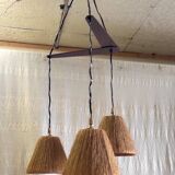 Scandinavian style three-light pendant in teak and sisal - 1960s/70s