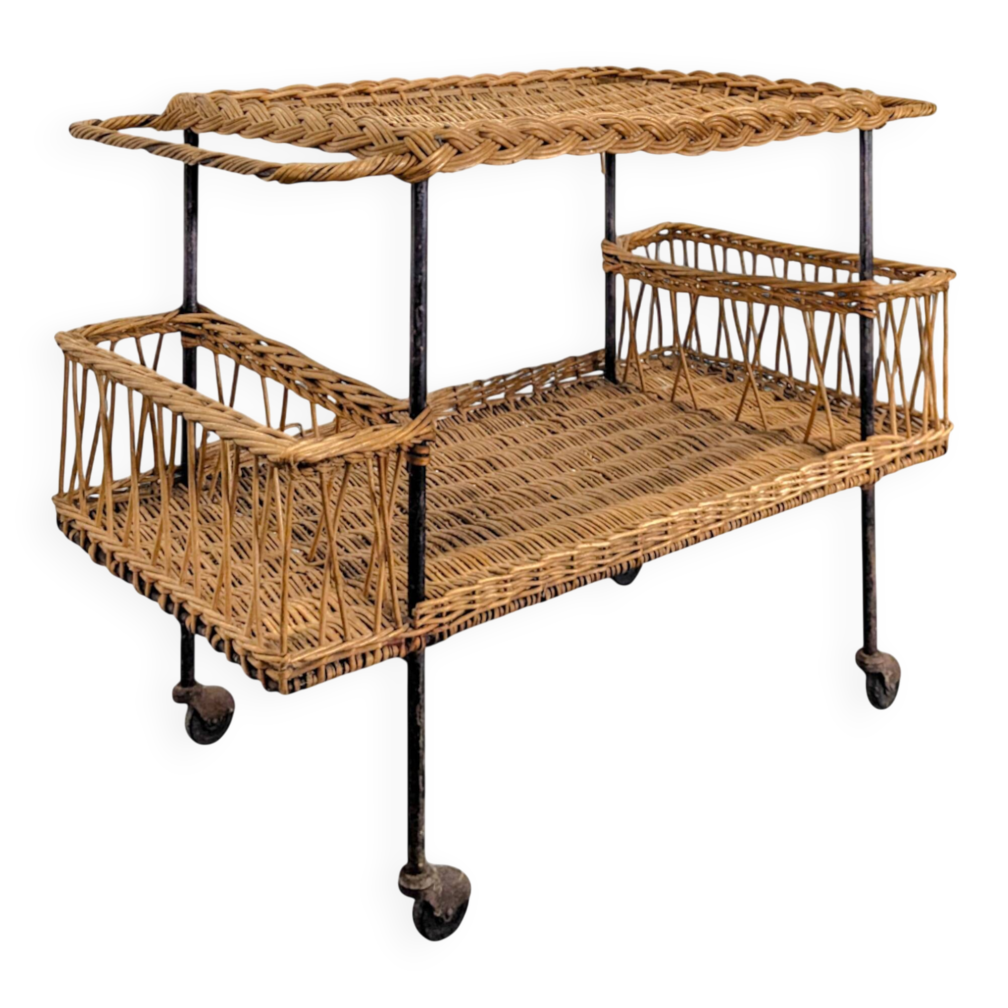 1960s rattan rolling dessert trolley
