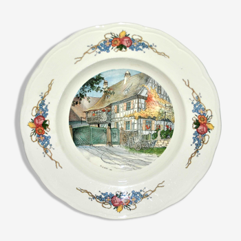 Assiette ancienne obernai de sarreguemines au 4 fleurs - dessin h. loux maison alsacienne