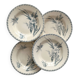 4 assiettes creuses en terre de fer « Glaïeul » Gien