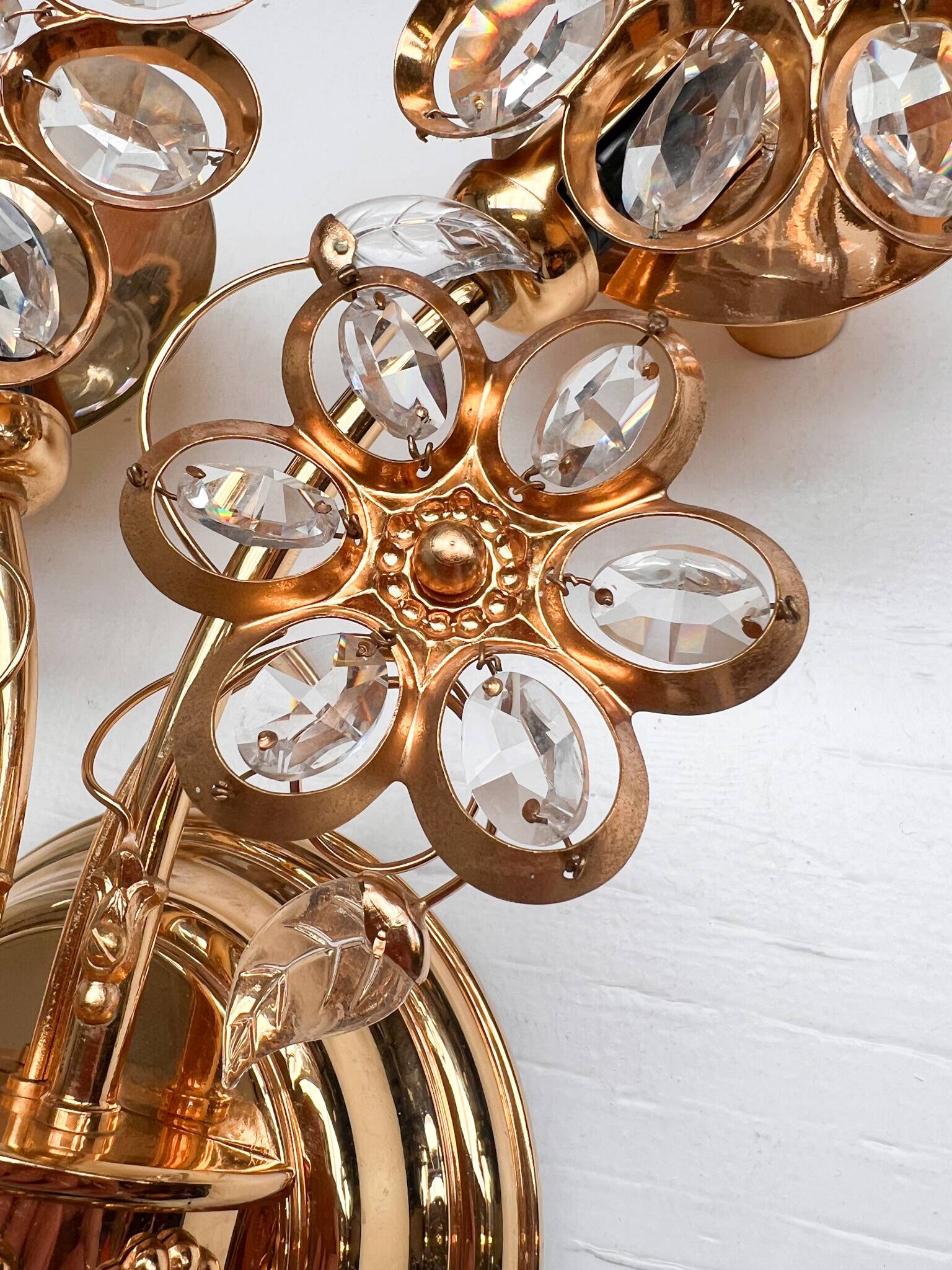 Brass and crystal art deco wall lamp attributed to palwa, 1960s