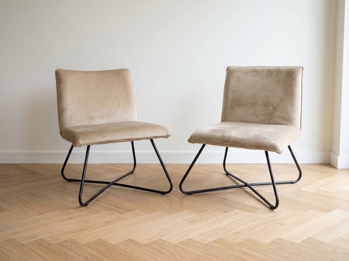 Pair of vintage armchairs in beige velvet and metal