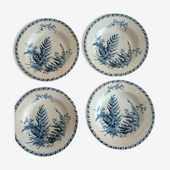 Lot 4 assiettes bleues en porcelaine opaque de Gien collection Fougères
