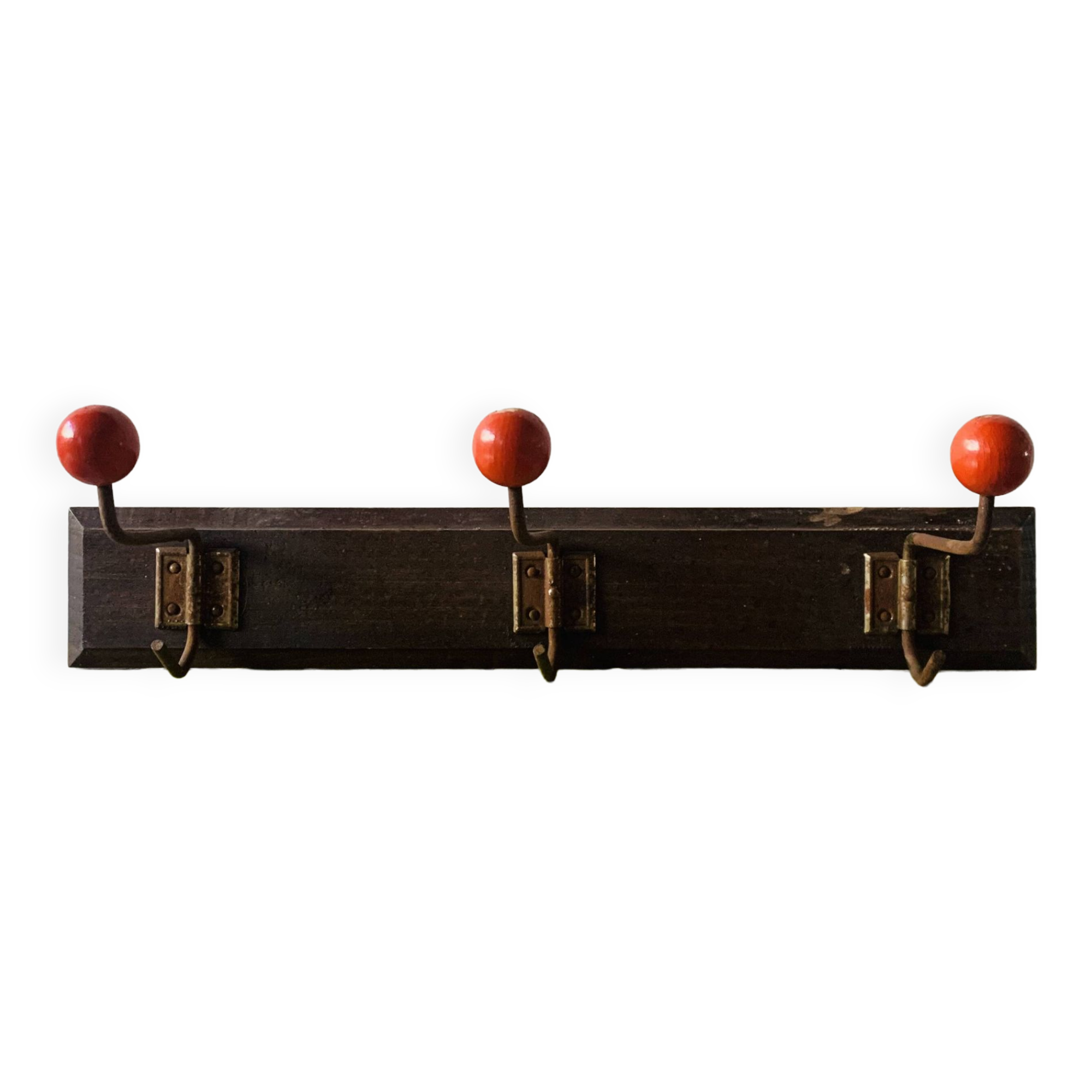 Vintage wooden wall coat rack - triple coat hook with red balls