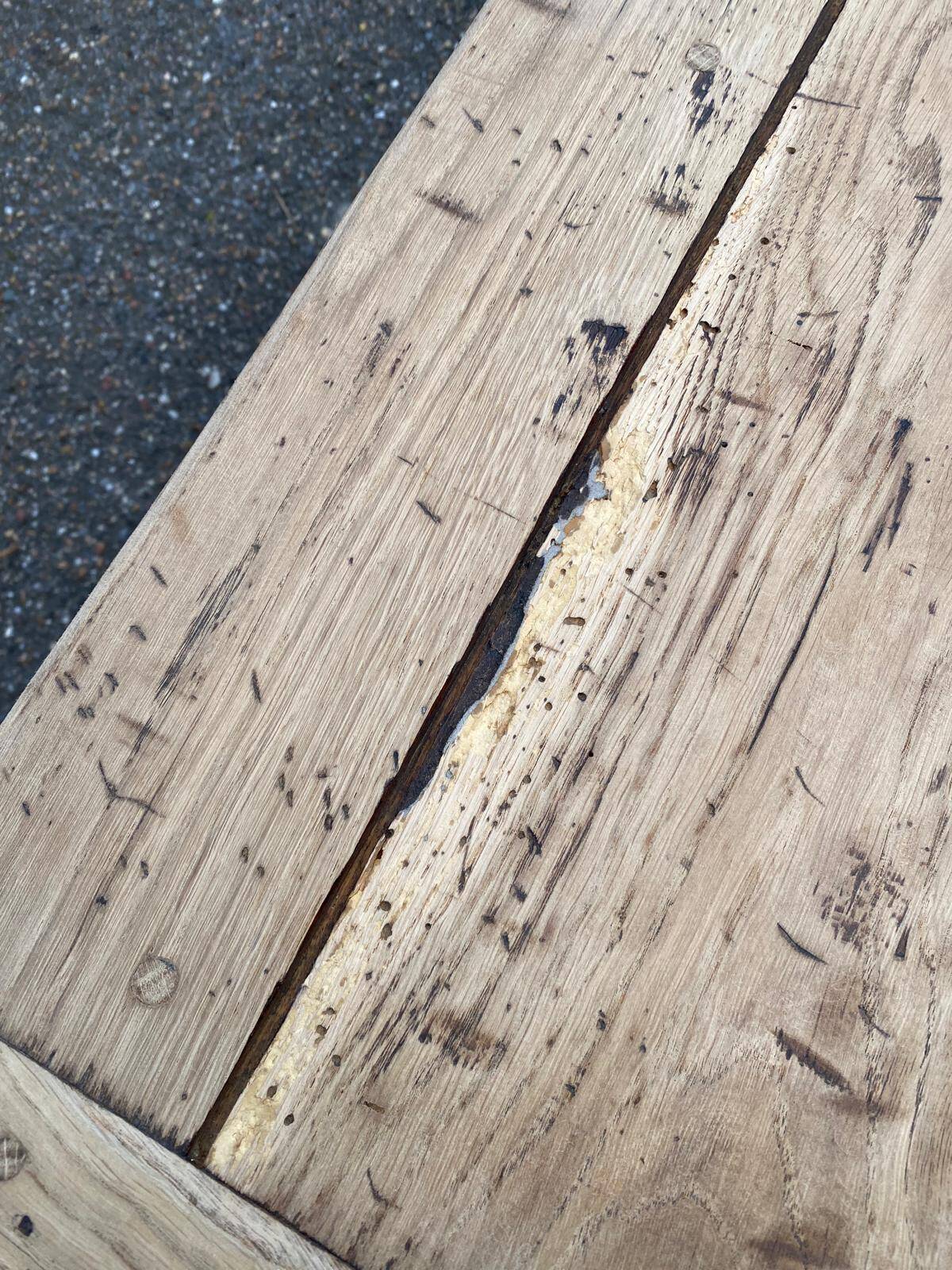 Renovated 19th-century solid oak farmhouse coffee table.