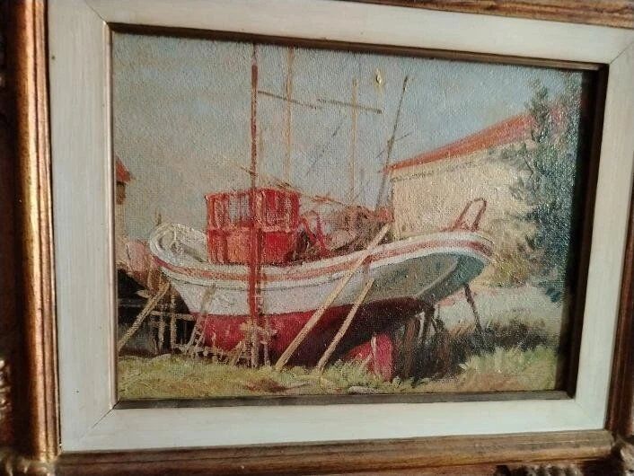 Marine Painting in Oil on Masonite, First Half of the 20th Century, Signed, Gilded Wooden Frame
