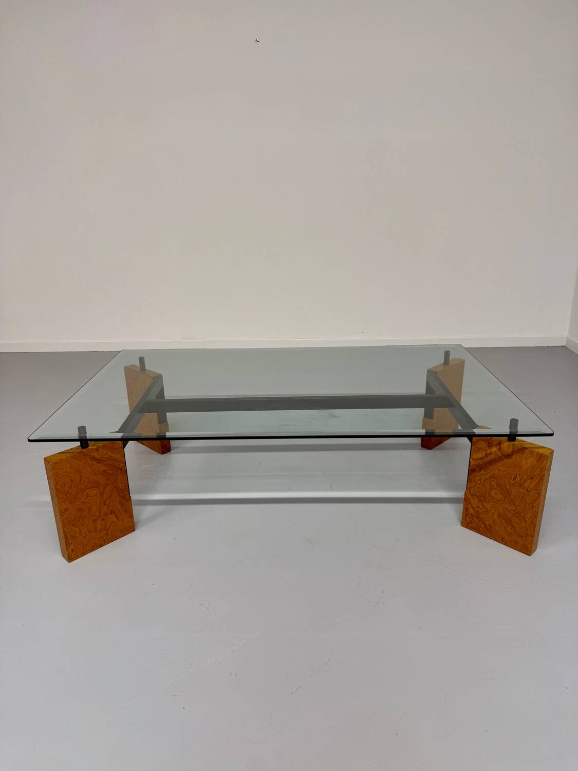 Old coffee table in glass and magnifying glass, French design Paul Michel, year 70