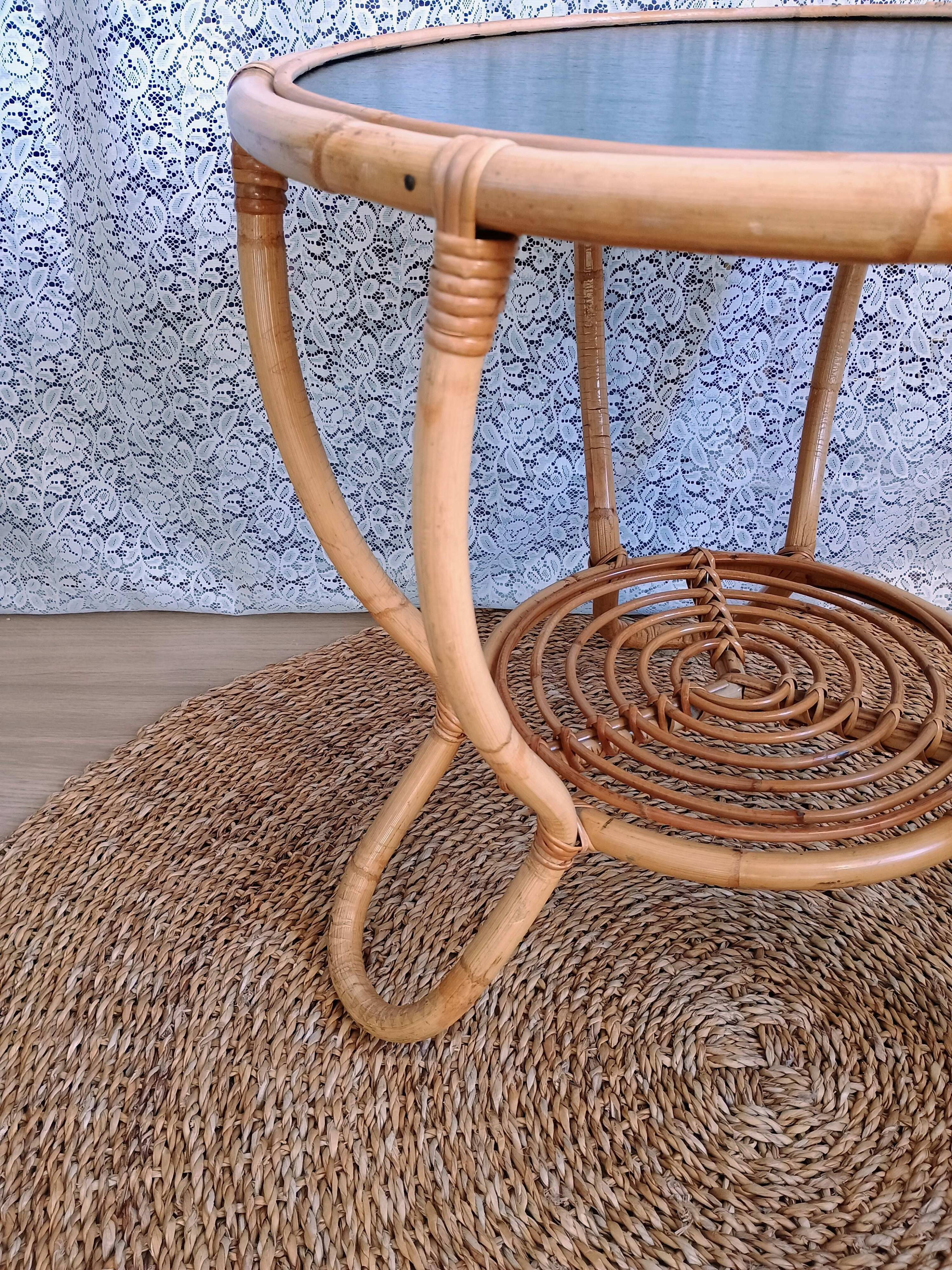 Round vintage rattan coffee table