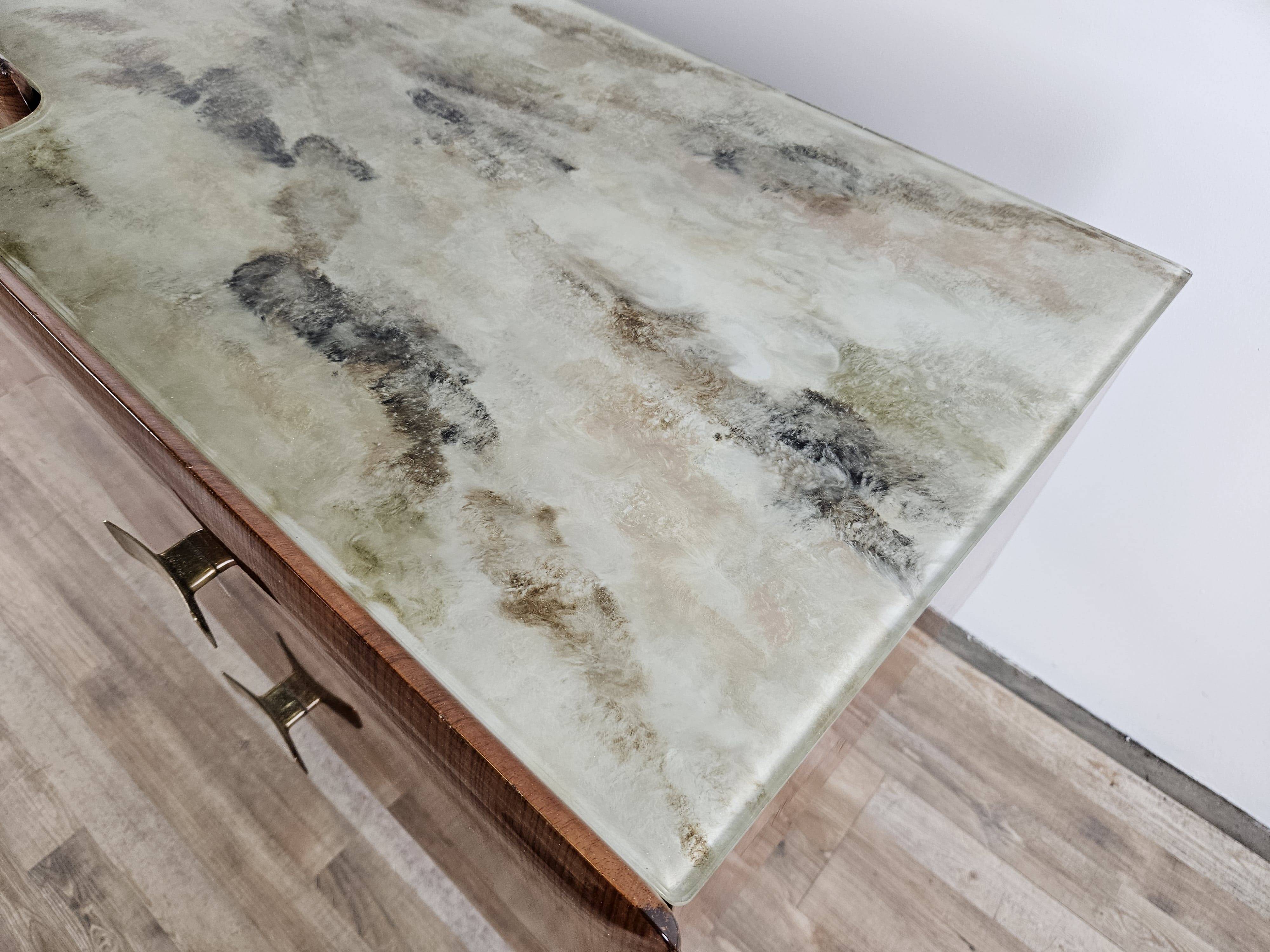 Mid Century Chest of Drawers in Mahogany, Brass and Glass