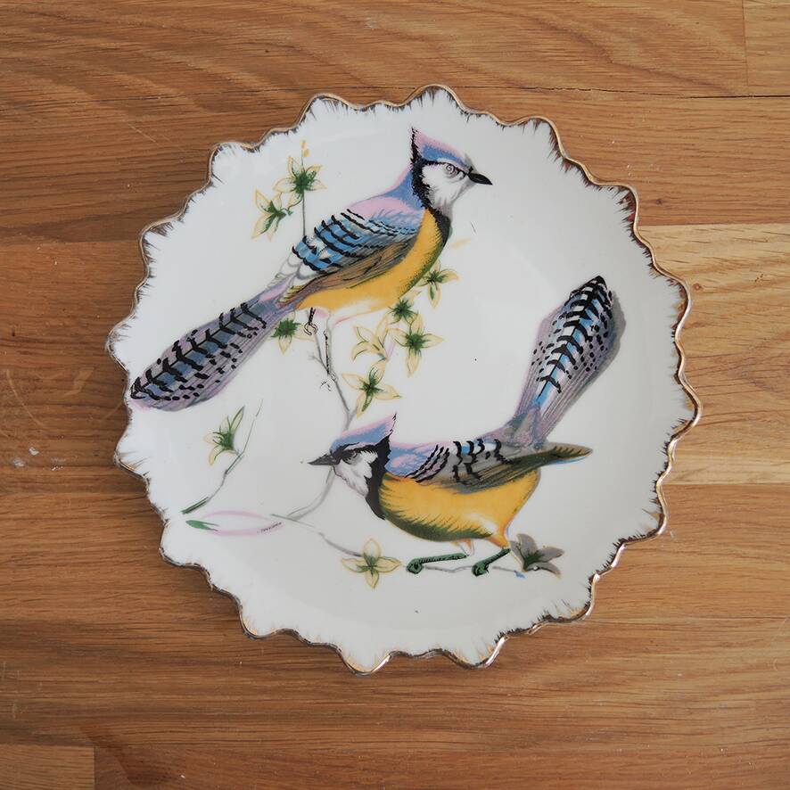 Old hand-painted ceramic plate: blue jays