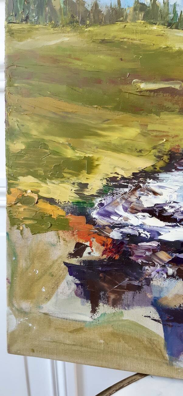 Painting oil on canvas landscape river mountains vintage