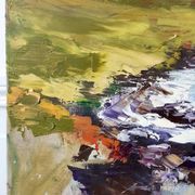Painting oil on canvas landscape river mountains vintage