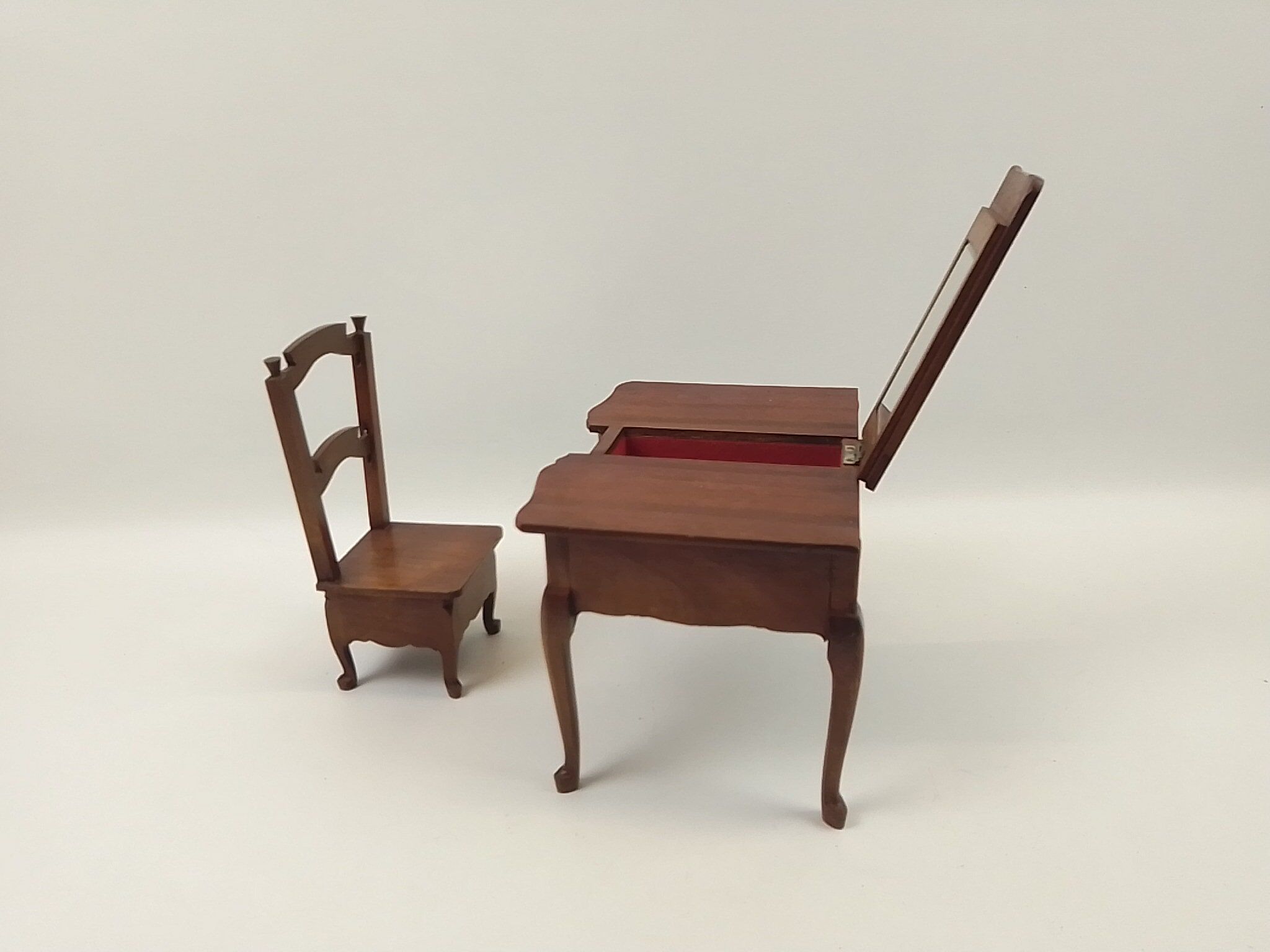 Miniature reproduction jewelry box in rustic hairdresser wood with its chair