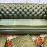 1970s Green Leather 3 Seater Chesterfield Sofa