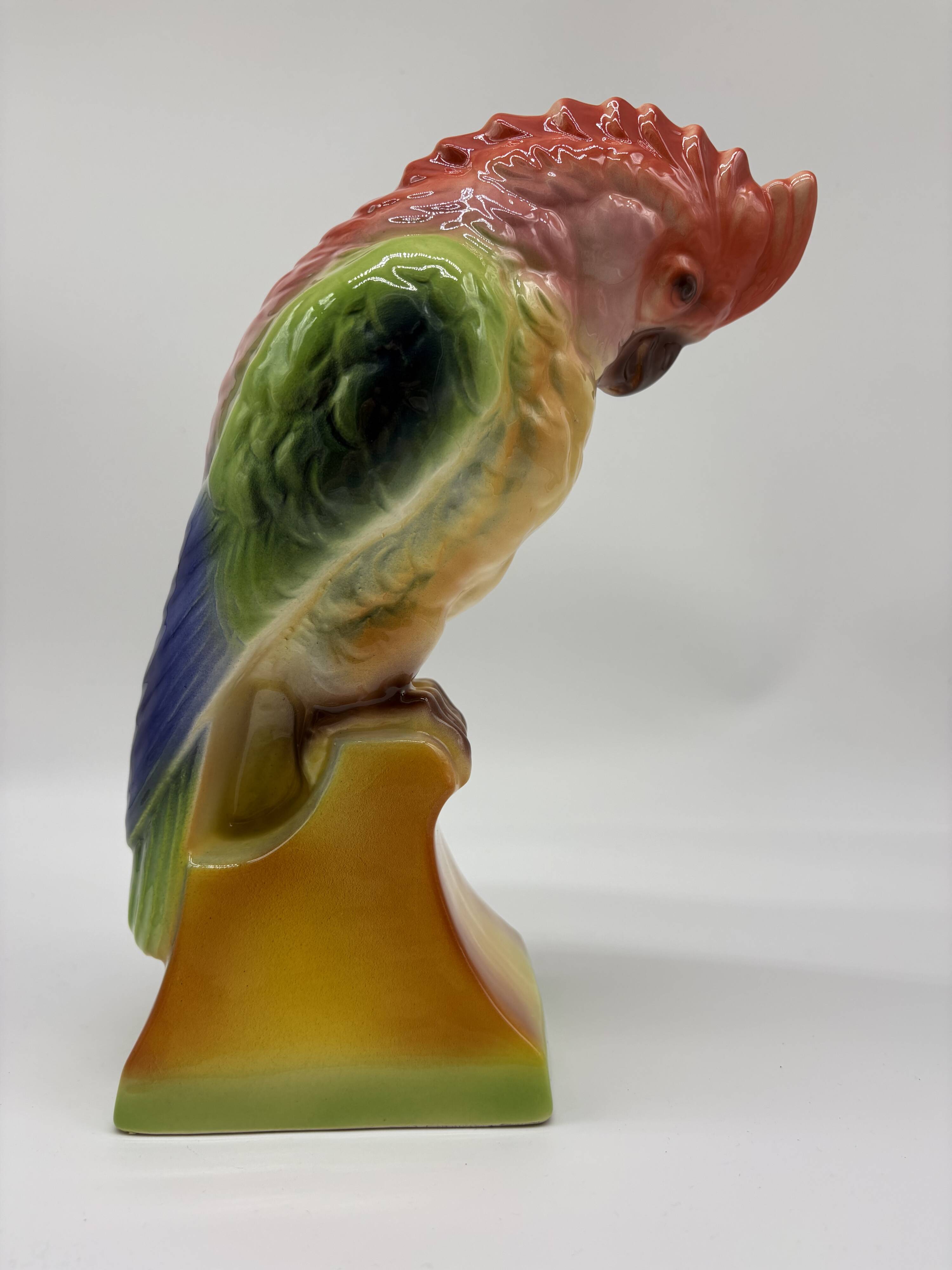 Large Cockatoo Saint-Clément France Hand-Painted Ceramic Tropical Bird