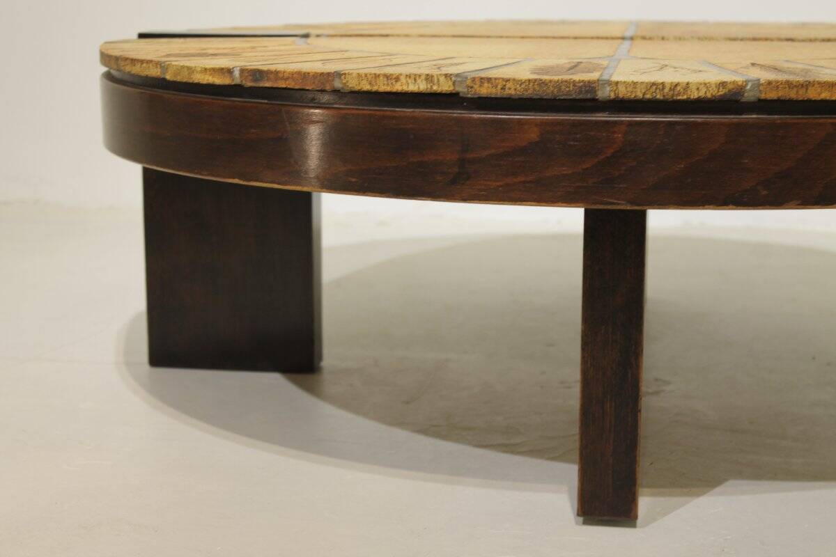 Round coffee table herbarium Roger Capron, Vallauris - ceramic and wooden structure