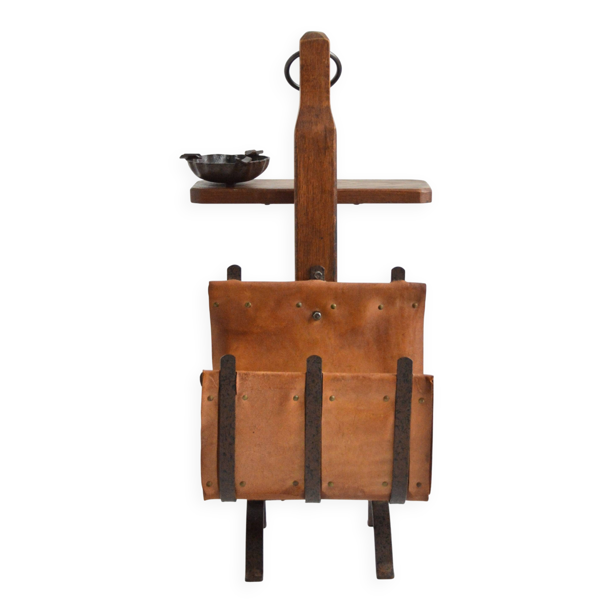 Vintage leather magazine rack with shelf and brutalist/rustic ashtray.