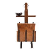 Vintage leather magazine rack with shelf and brutalist/rustic ashtray.