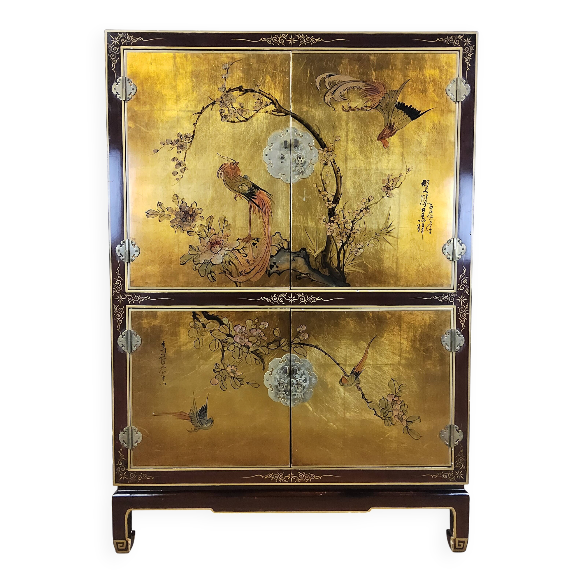 Vintage Chinese cabinet gold leaf / flowers and birds / bohemian