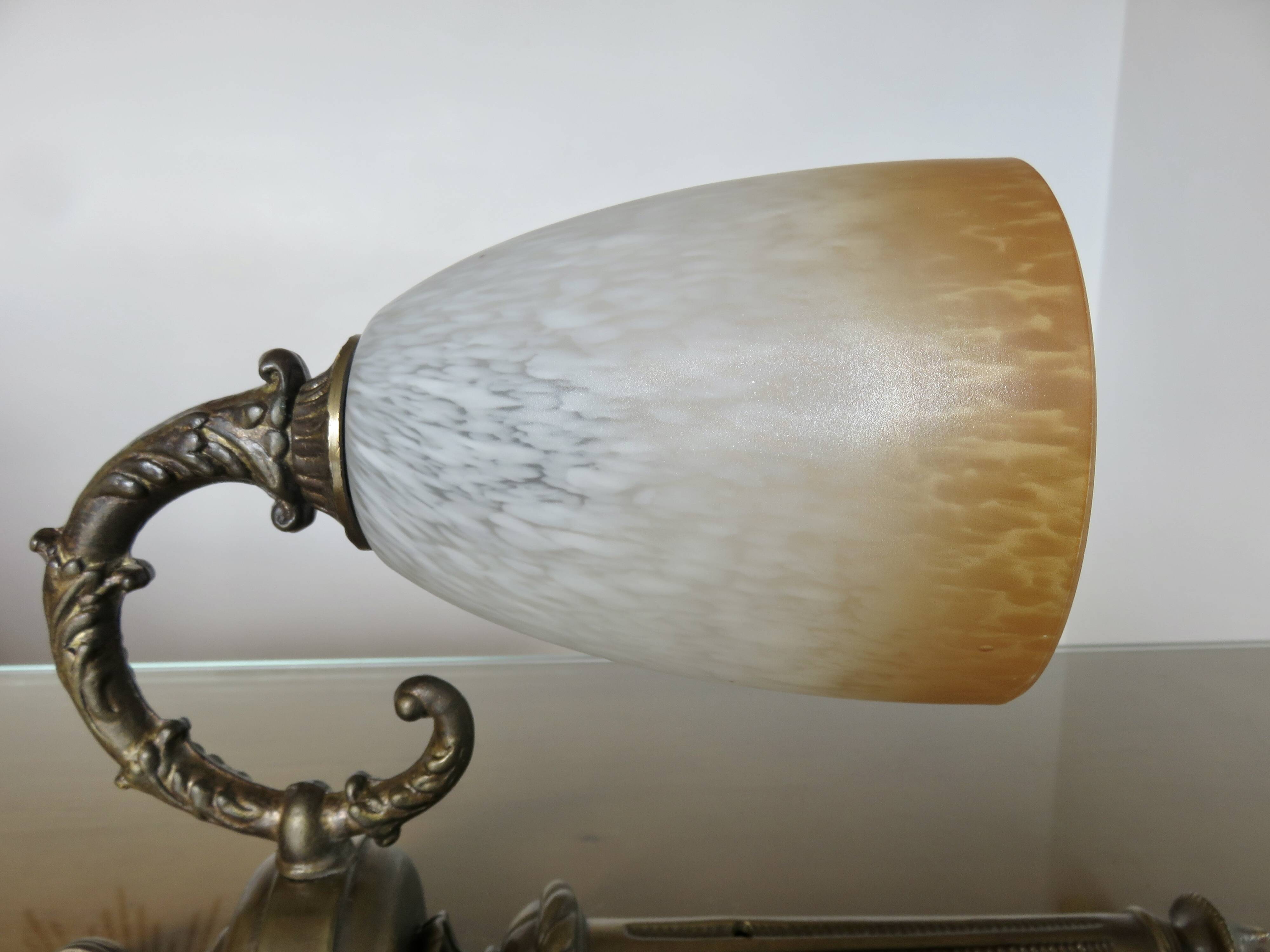 Pair of art deco wall lights in marbled glass and brass