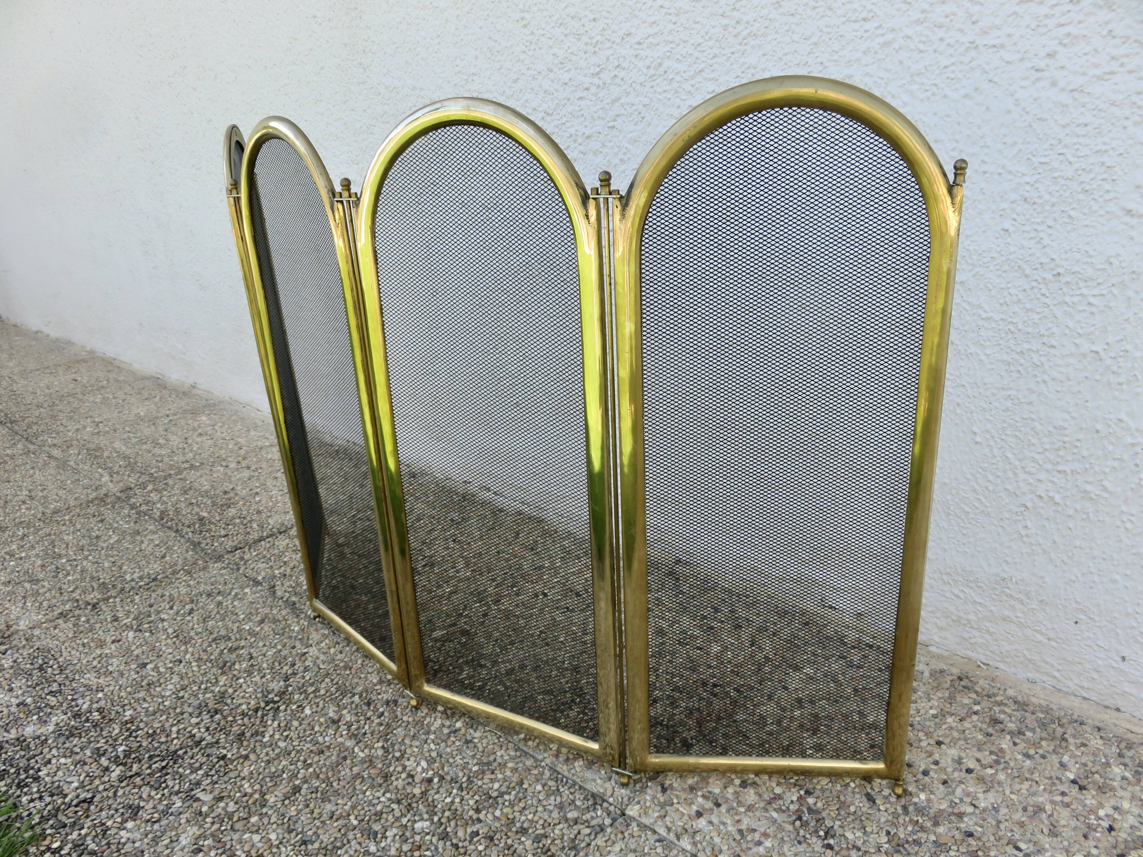 Fireplace screen, spark guard, brass, gilded, 4 panels, 1950.