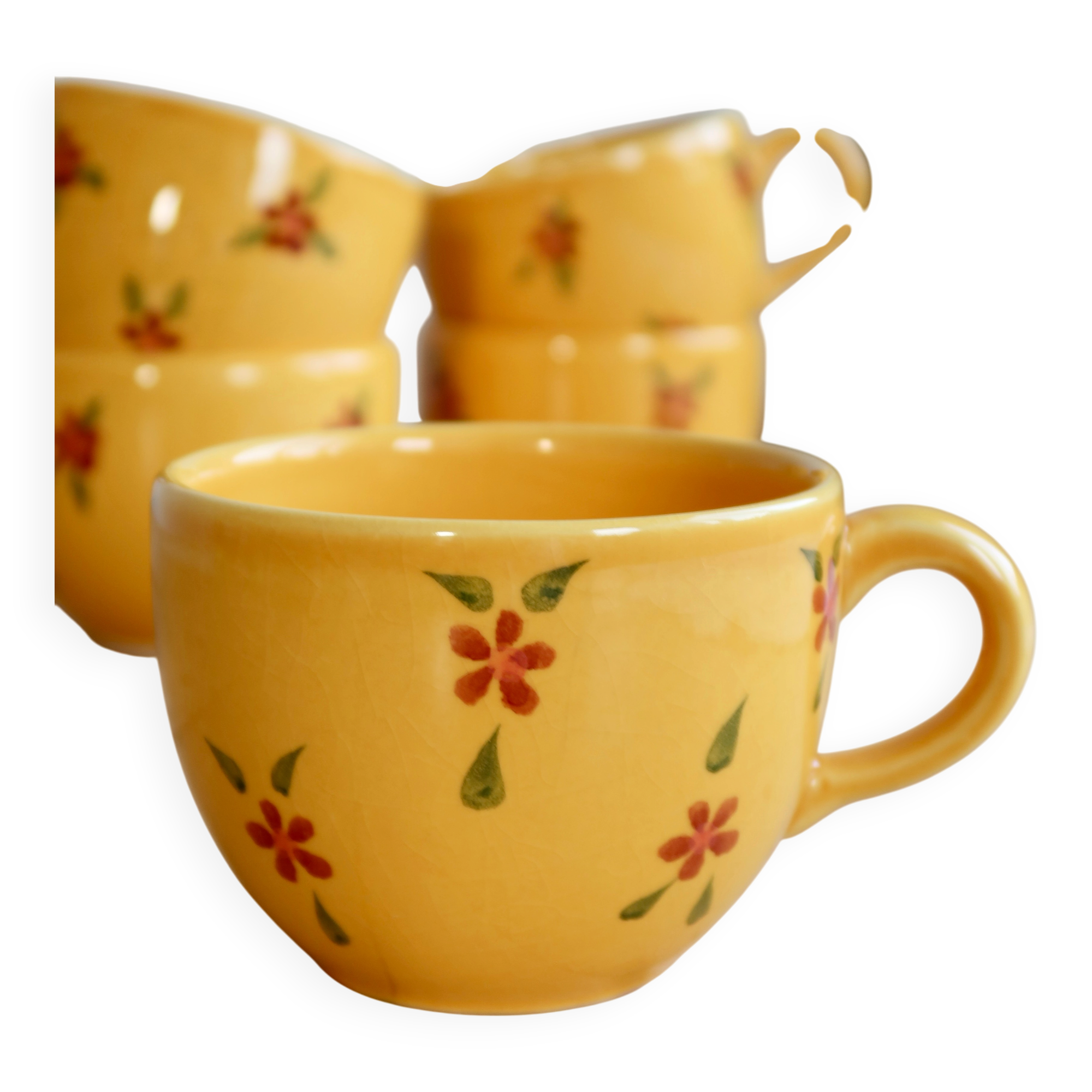 Large vintage ceramic mug in yellow with hand-painted flowers.