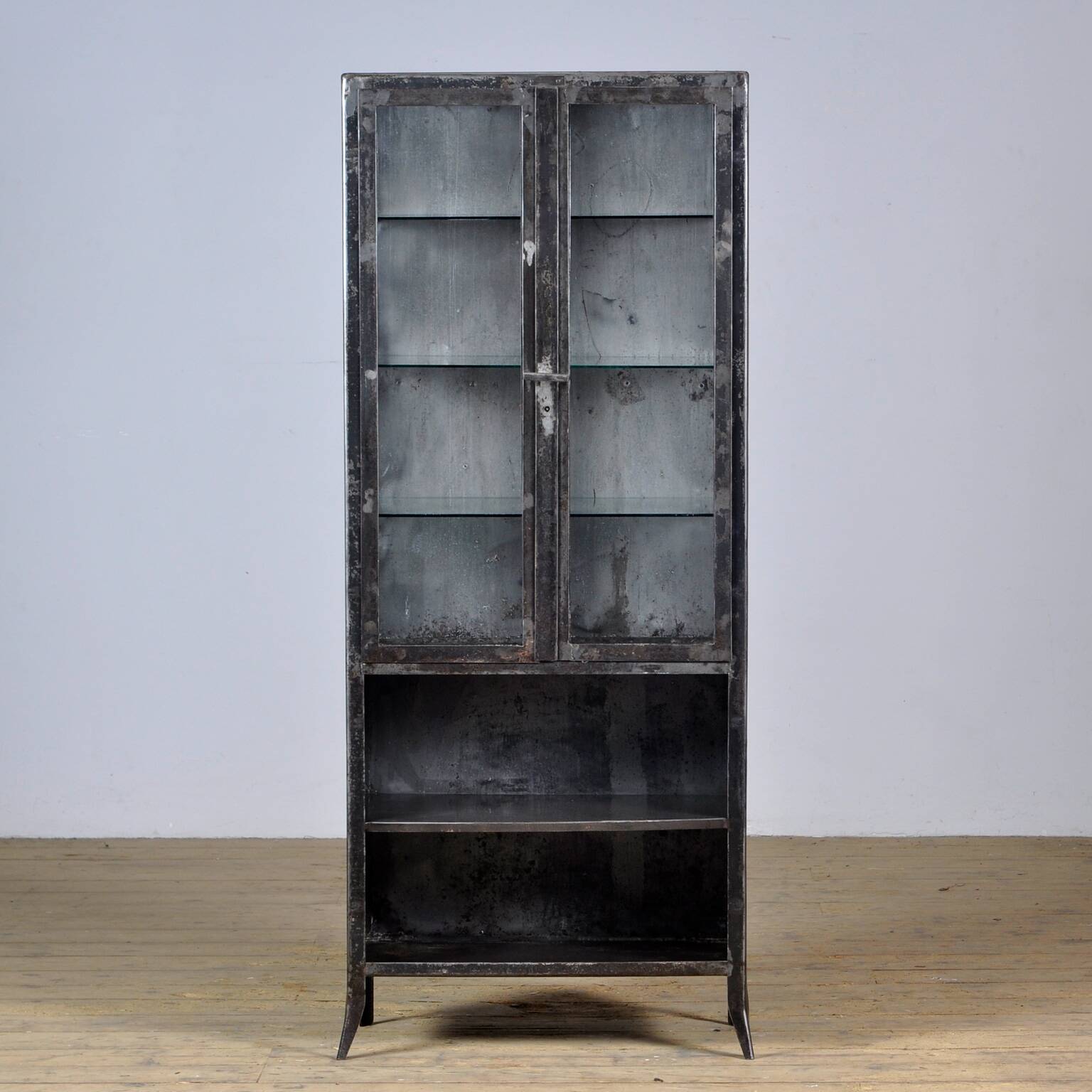 Vintage Glass & Iron Medical Cabinet, 1950s