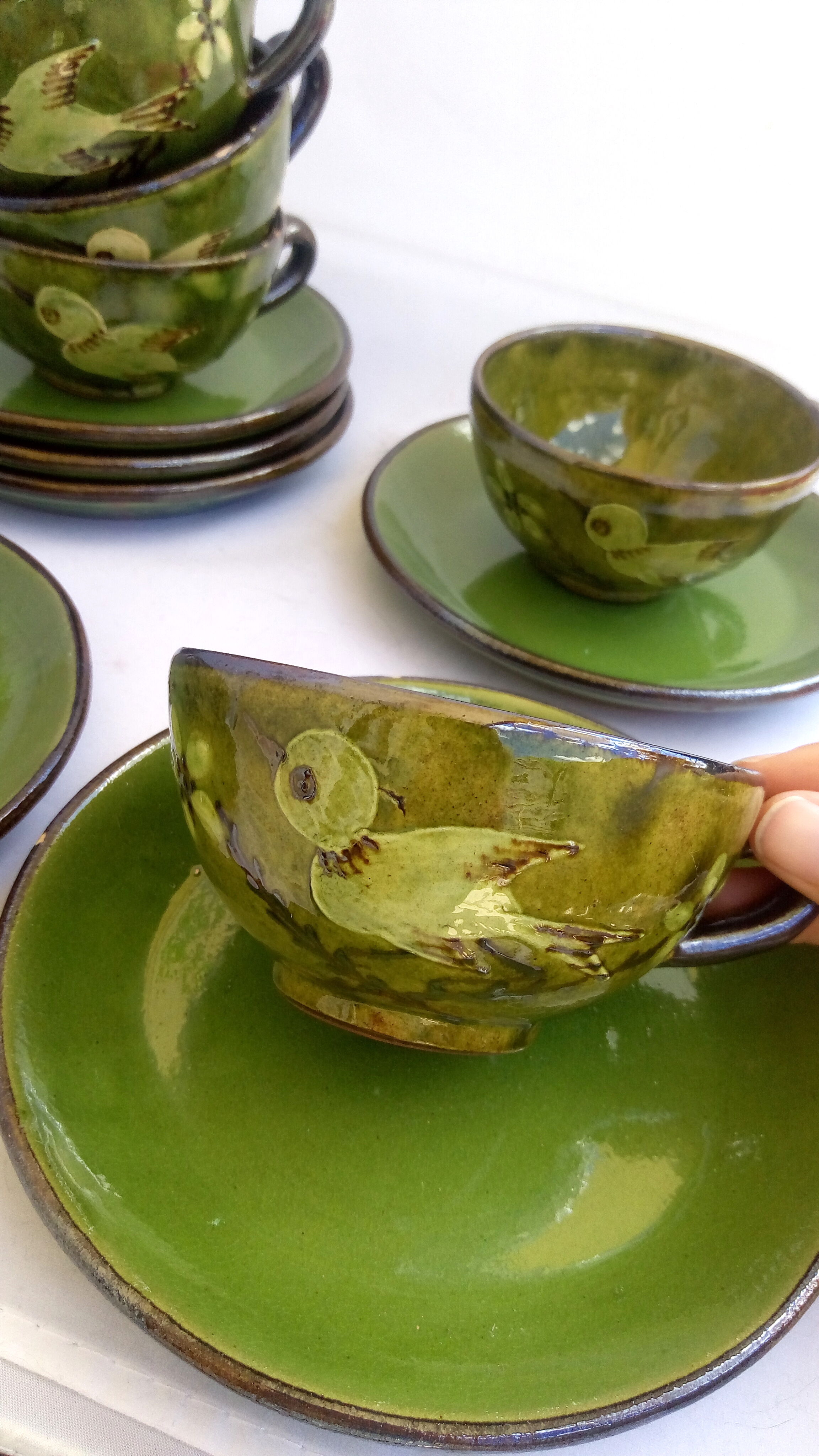 6 tea cups/green ceramic bird coffee