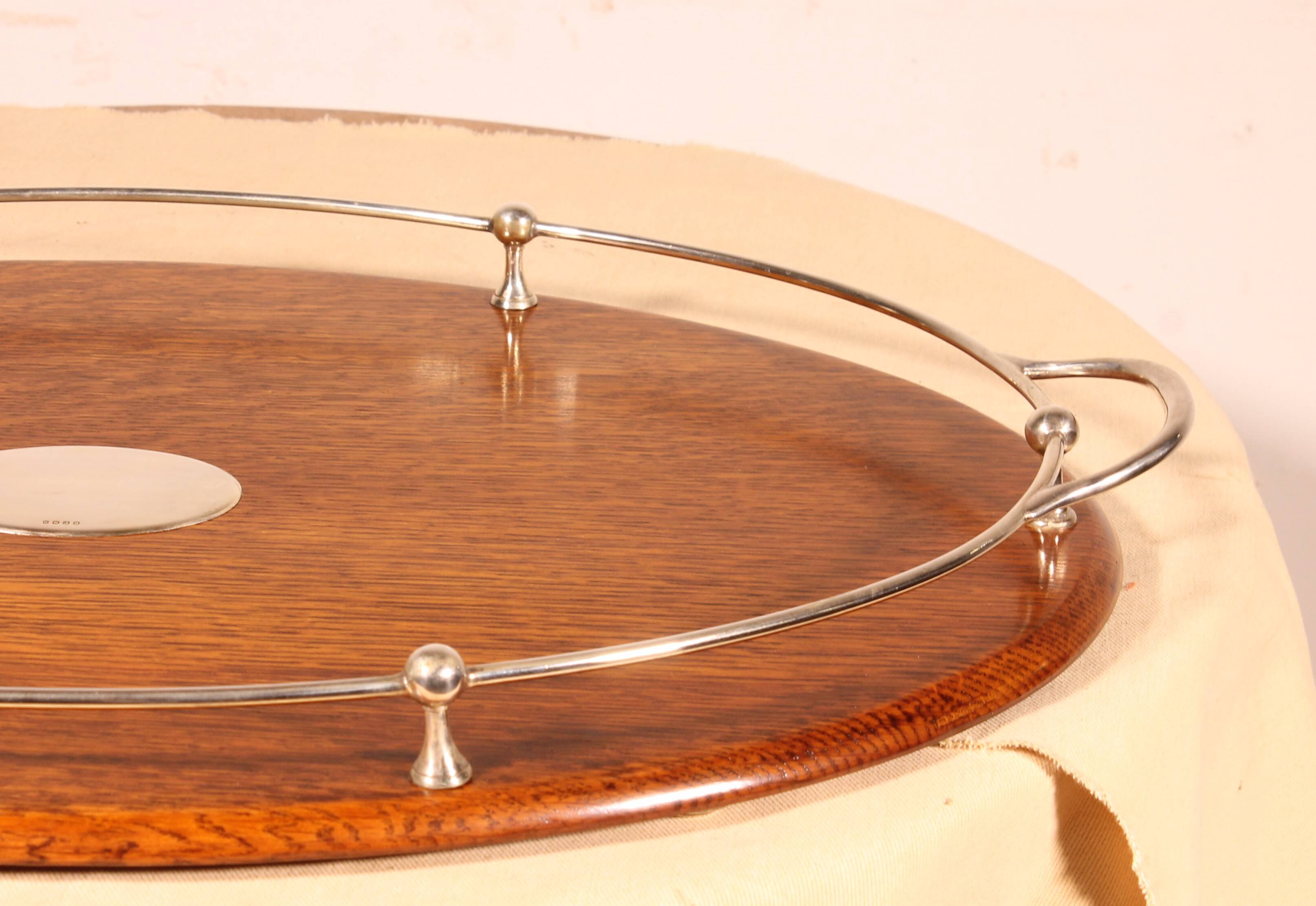19th century silver-plated metal and oak tray