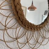 Vintage 1960s sun flower rattan wicker mirror - 49 cm