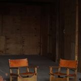 Pair of Spanish brutalist armchairs from the 1960s, wood and leather.