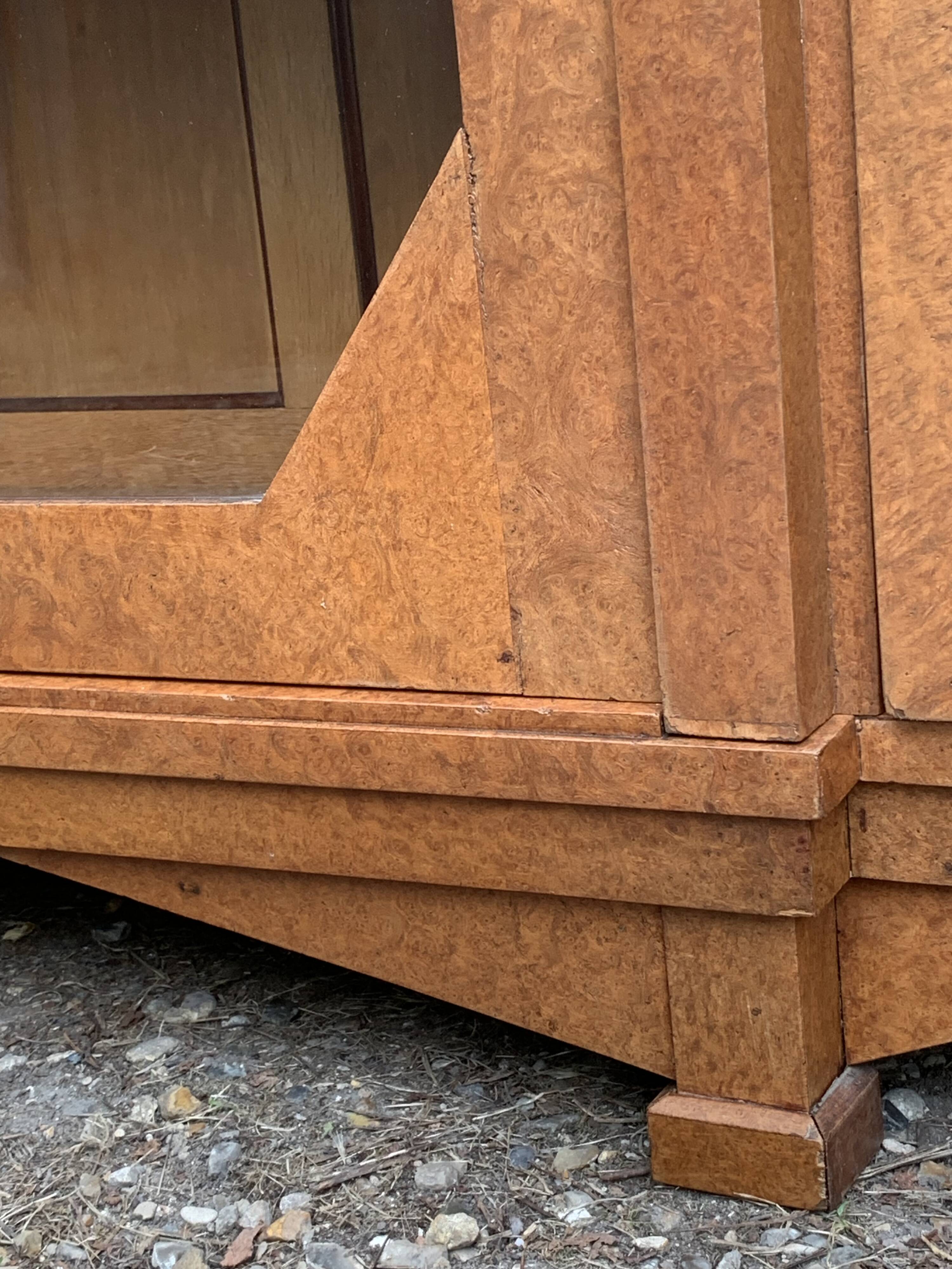 Art deco glass china cabinet in burr walnut 1930