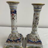 Candlesticks, square base, 19th century, Fourmaintraux, Desvres, flower decoration, scrolls, lambrequins, trellis