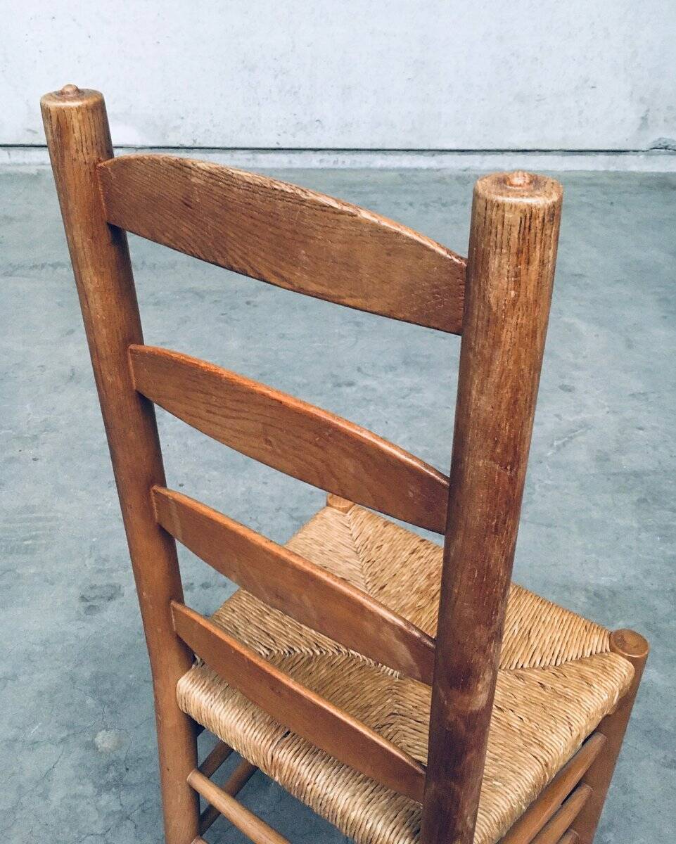 Rustic Oak and Rush High Ladder Back Dining Chairs, Belgium, 1950s, Set of 6