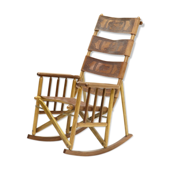 Mid-Century Leather Campaign Folding Rocking Chair 1970s
